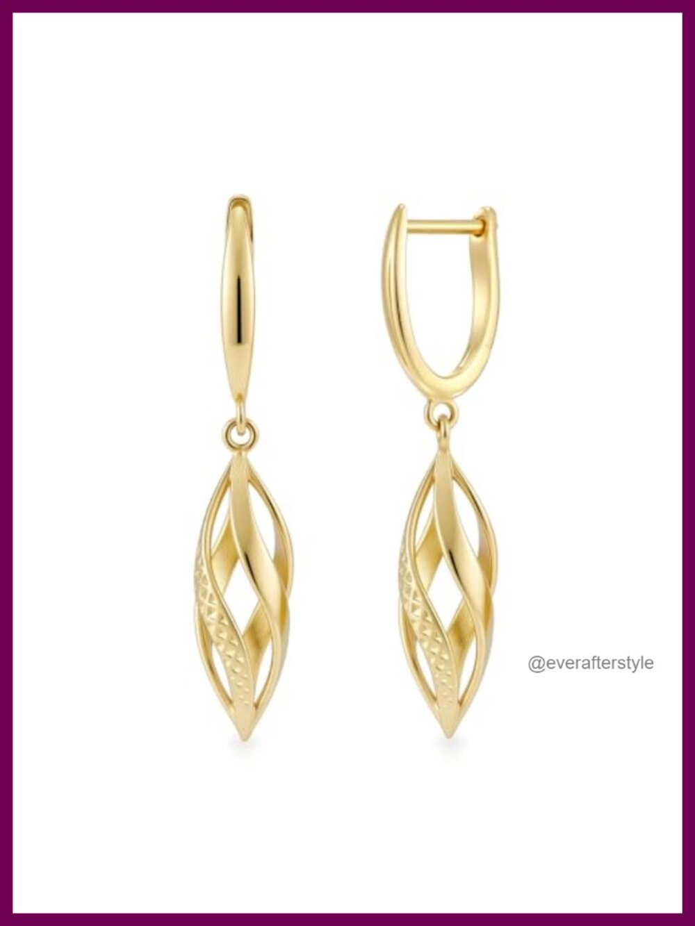 14K Gold Plated Rhombic Twist Hoop Dangle Earrings Women 40mm Drop